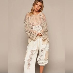 NWT POL Cream Crochet Hooded Sweater Small Boho Coastal Knit